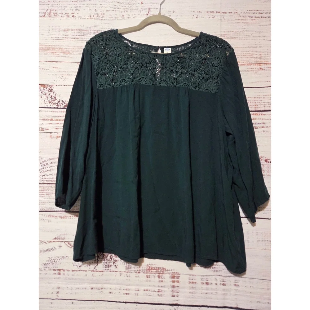 Old Navy Womens XL Forest Green Crochet Lace Yoke Long Sleeve Rayon Blouse Top